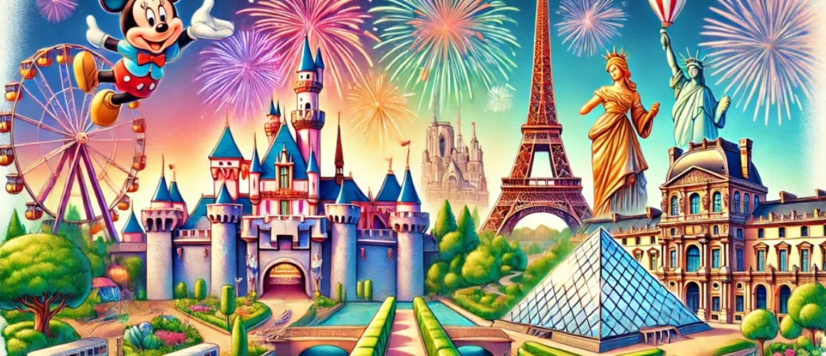 DALL·E 2024-12-27 04.41.57 - A vibrant illustration showcasing Disneyland, the Eiffel Tower, and the Louvre Museum in one cohesive image. Disneyland features its iconic Sleeping B